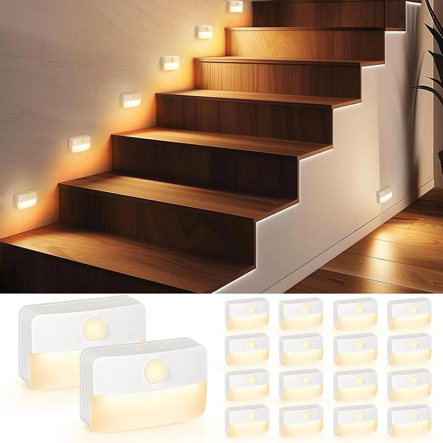 GJANSH 8 Pack Motion Sensor Stair Light for Indoor, Battery Operated Closet Lights, Wireless Stick on Anywhere Hallway Lamp, Portable Led Night Lamps for Bedroom under Cabinet Kitchen Fathersdaygift