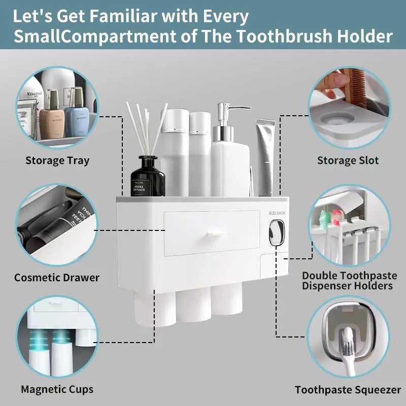 2-4 Cup Toothbrush Holders for Bathrooms - Wall Mounted with Toothpaste Dispenser - Cosmeticdrawe, Large Capacity Tray & Bathroom Accessories Bottles Home Goods Organizer Organizing Tiktokshopspringglowup Summervibes
