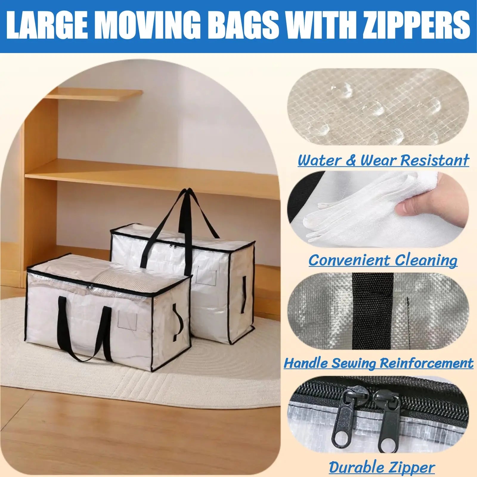 Clear Extra Large Moving Bags,Heavy-Duty Waterproof Storage Tote Bag with Reinforced Handles & Zippers,Transparent Organizer for Clothes,Bedding,Dorm,Moving (Clear- 88L)