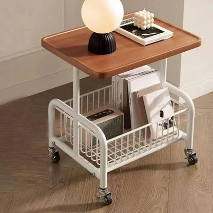 2-Tier Rolling Coffee Table with Storage Shelf, Mobile Side Table on Wheels, Small End Table Sofa Couch Table, Modern Wood Nightstand Accent Table for Living Room Bedroom Office Home, Dark Walnut
