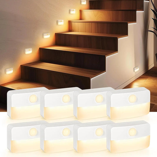 GJANSH 8 Pack Motion Sensor Stair Light for Indoor, Battery Operated Closet Lights, Wireless Stick on Anywhere Hallway Lamp, Portable Led Night Lamps for Bedroom under Cabinet Kitchen Fathersdaygift