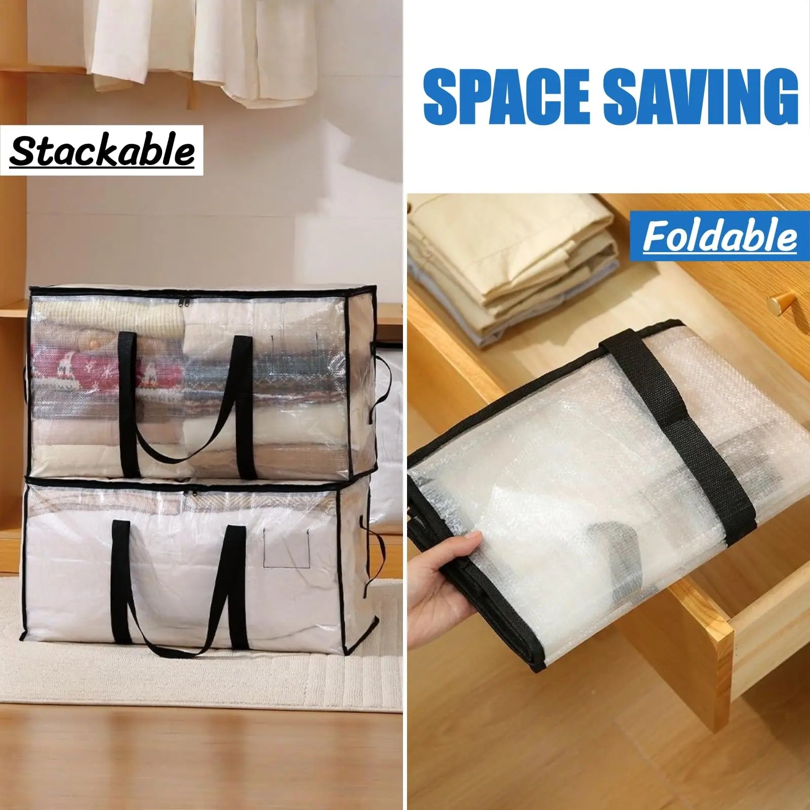 Clear Extra Large Moving Bags,Heavy-Duty Waterproof Storage Tote Bag with Reinforced Handles & Zippers,Transparent Organizer for Clothes,Bedding,Dorm,Moving (Clear- 88L)