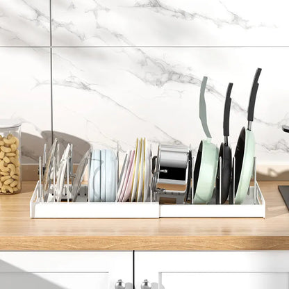Pot Lids Organizer Rack for Cabinet and Countertop, 7+ Pan Lids and Bakeware Organizer Rack Holder with 7 Adjustable Compartments,Kitchen Storage, Pot Lid Storage - White,Grey，Black Friday，Christmas Gift
