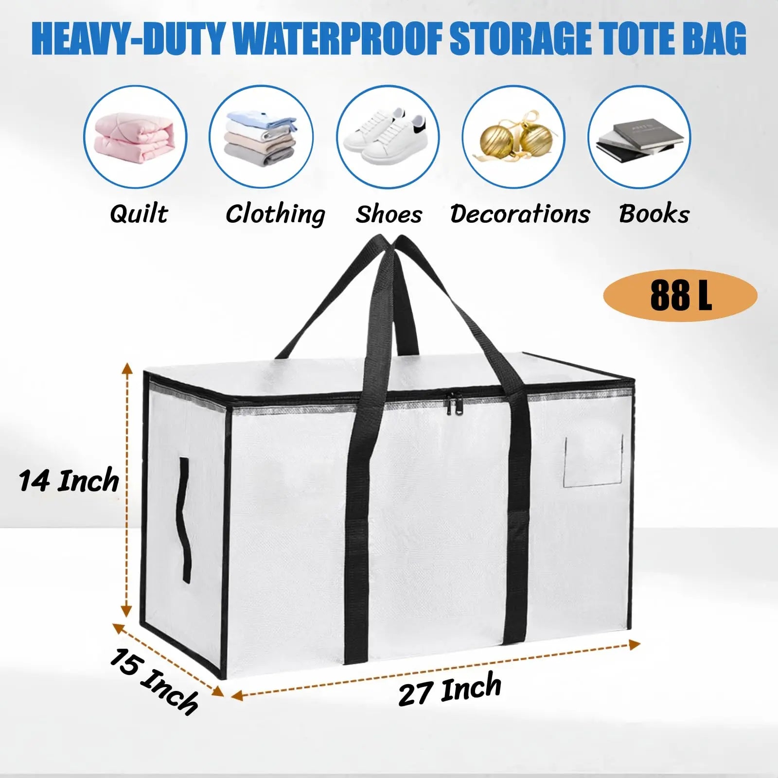 Clear Extra Large Moving Bags,Heavy-Duty Waterproof Storage Tote Bag with Reinforced Handles & Zippers,Transparent Organizer for Clothes,Bedding,Dorm,Moving (Clear- 88L)