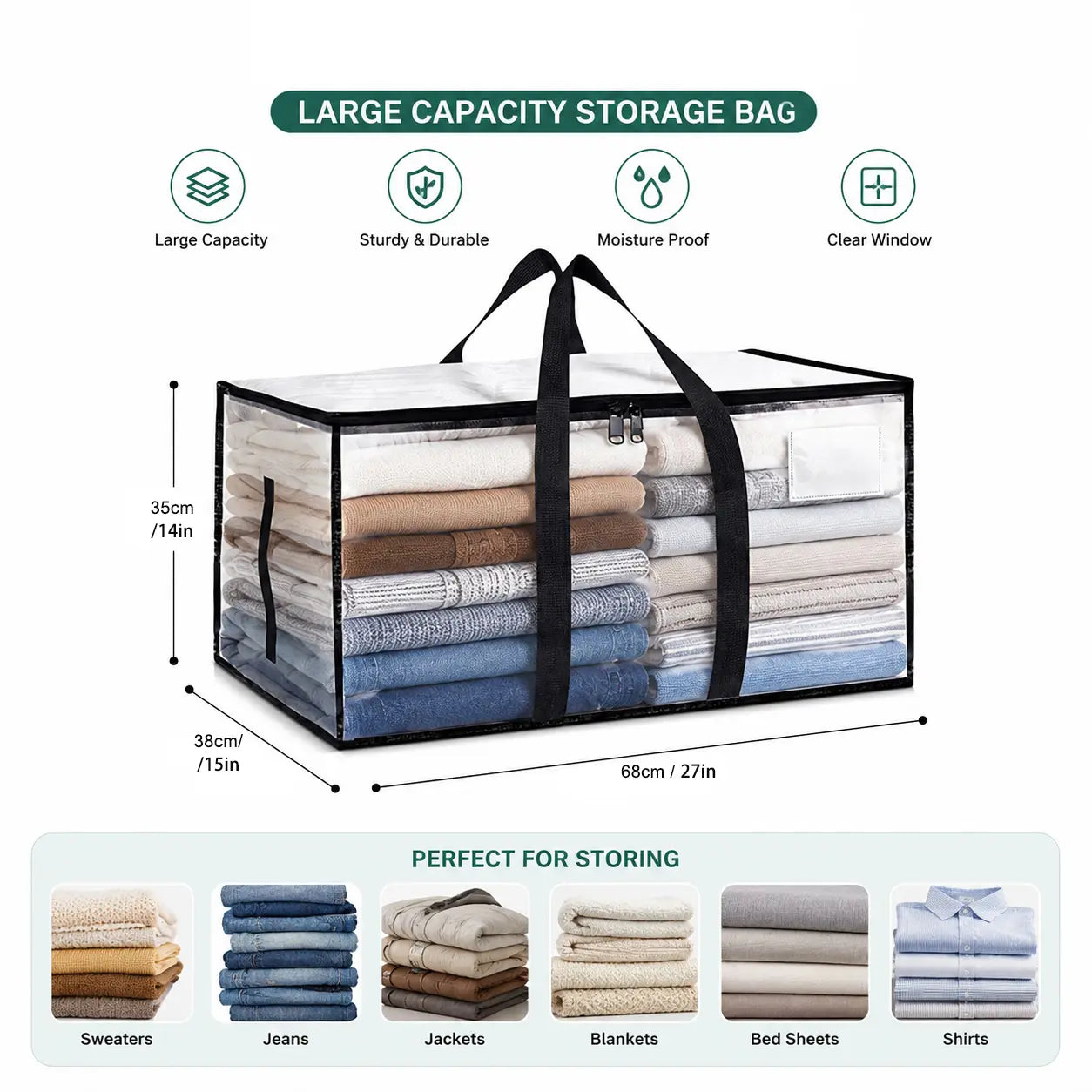 Clear Extra Large Moving Bags,Heavy-Duty Waterproof Storage Tote Bag with Reinforced Handles & Zippers,Transparent Organizer for Clothes,Bedding,Dorm,Moving (Clear- 88L)