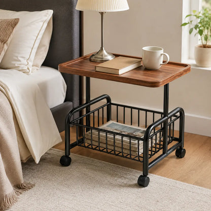 2-Tier Rolling Coffee Table with Storage Shelf, Mobile Side Table on Wheels, Small End Table Sofa Couch Table, Modern Wood Nightstand Accent Table for Living Room Bedroom Office Home, Dark Walnut
