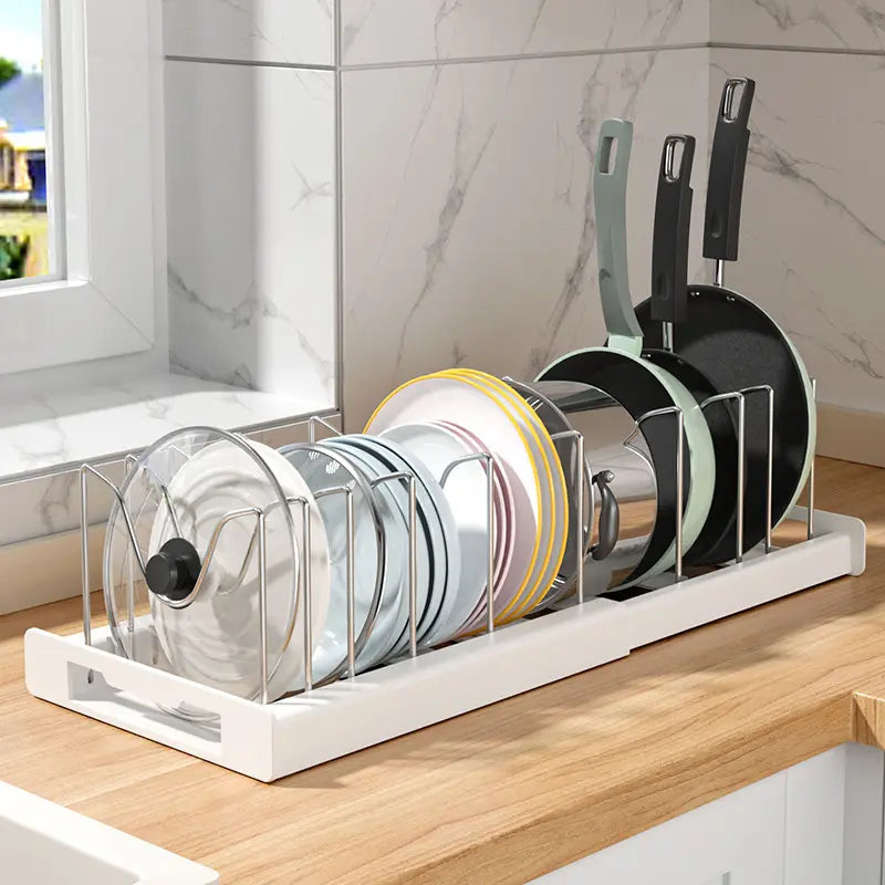 Pot Lids Organizer Rack for Cabinet and Countertop, 7+ Pan Lids and Bakeware Organizer Rack Holder with 7 Adjustable Compartments,Kitchen Storage, Pot Lid Storage - White,Grey，Black Friday，Christmas Gift