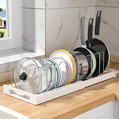 Pot Lids Organizer Rack for Cabinet and Countertop, 7+ Pan Lids and Bakeware Organizer Rack Holder with 7 Adjustable Compartments,Kitchen Storage, Pot Lid Storage - White,Grey，Black Friday，Christmas Gift
