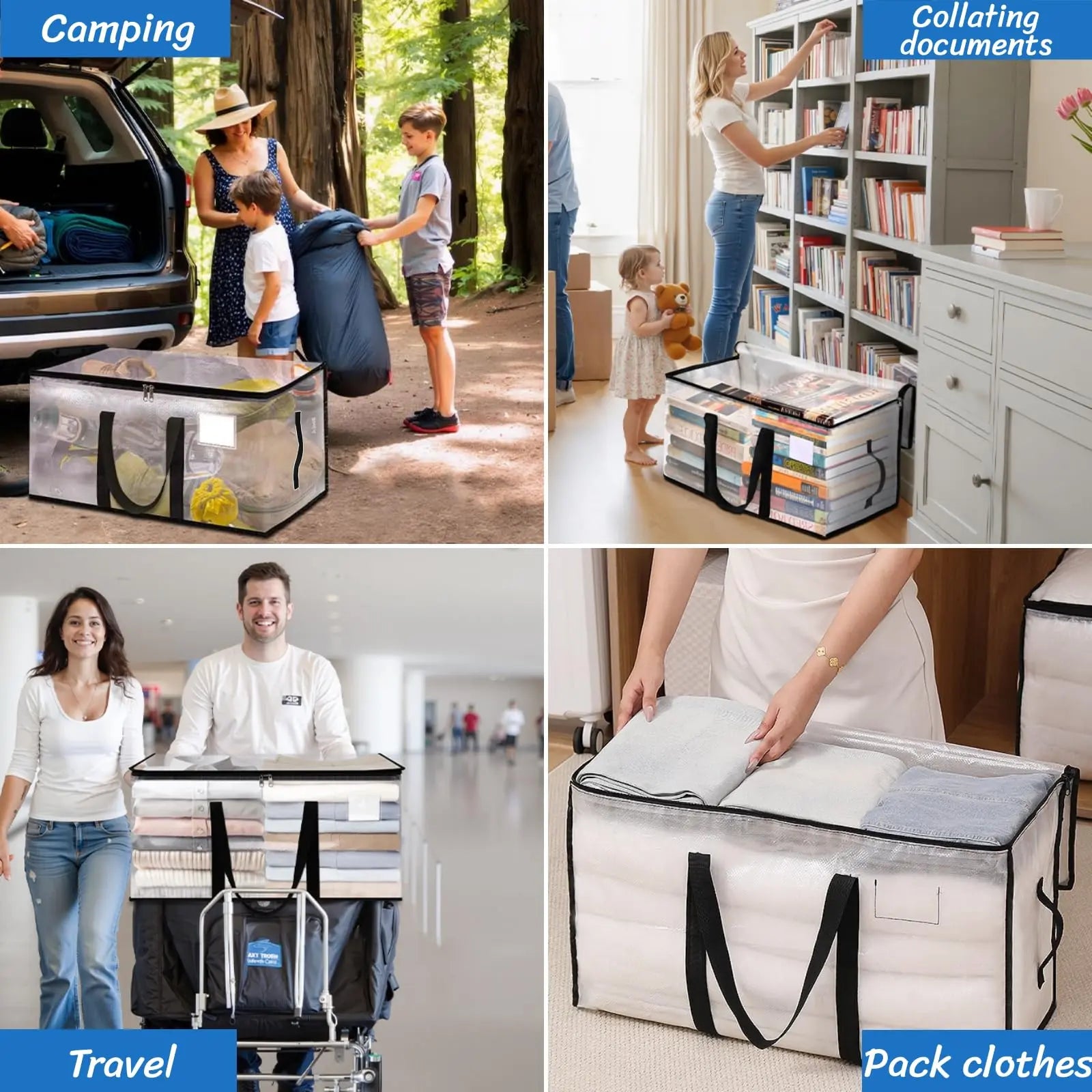 Clear Extra Large Moving Bags,Heavy-Duty Waterproof Storage Tote Bag with Reinforced Handles & Zippers,Transparent Organizer for Clothes,Bedding,Dorm,Moving (Clear- 88L)