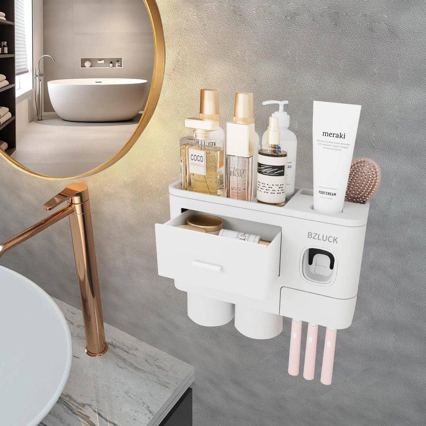 2-4 Cup Toothbrush Holders for Bathrooms - Wall Mounted with Toothpaste Dispenser - Cosmeticdrawe, Large Capacity Tray & Bathroom Accessories Bottles Home Goods Organizer Organizing Tiktokshopspringglowup Summervibes