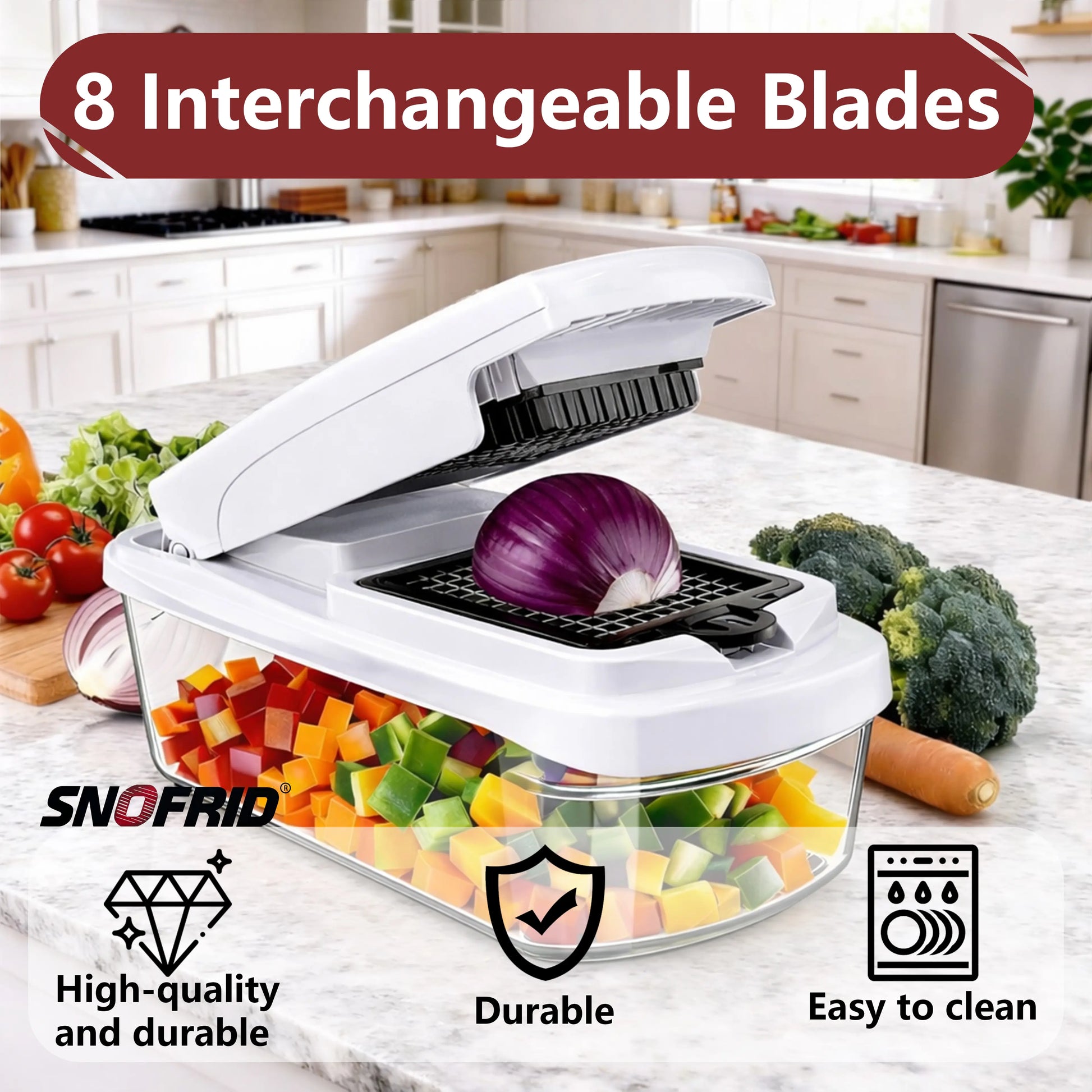 Snofrid Vegetable Chopper,15-In-1 Multifunctional Food Chopper,Professional Onion Chopper with 8 Blades,Vegetable Cutter with Container for Salad,Potato,Carrot,And Garlic; Essential Kitchen Tool