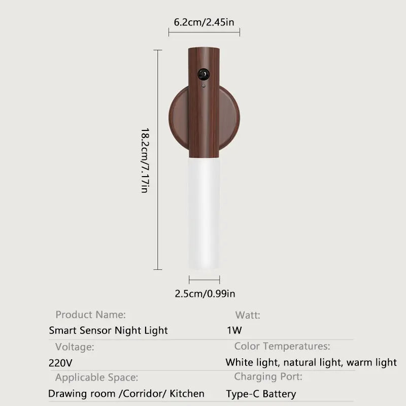 USB Rechargeable LED Night Light, Magnetic Wall Light, Motion-Sensor Night Light, Wireless Stair Light, Indoor Wooden Wall Light, Decorative Night Light, Dimmable Night Light, Ambient Lighting, Home Night Lamp, Motion Activated for Hallway Stairs