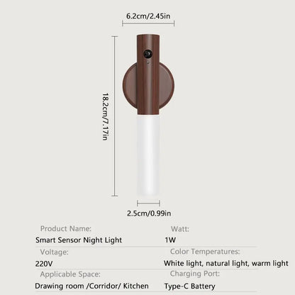 USB Rechargeable LED Night Light, Magnetic Wall Light, Motion-Sensor Night Light, Wireless Stair Light, Indoor Wooden Wall Light, Decorative Night Light, Dimmable Night Light, Ambient Lighting, Home Night Lamp, Motion Activated for Hallway Stairs