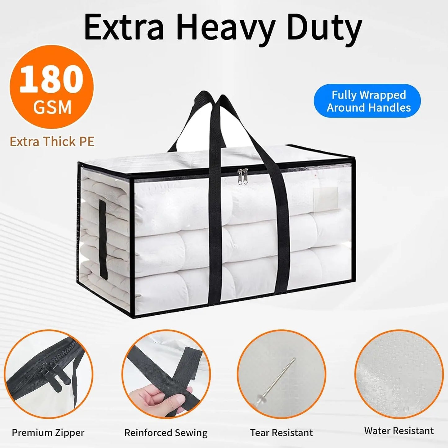 Clear Extra Large Moving Bags,Heavy-Duty Waterproof Storage Tote Bag with Reinforced Handles & Zippers,Transparent Organizer for Clothes,Bedding,Dorm,Moving (Clear- 88L)