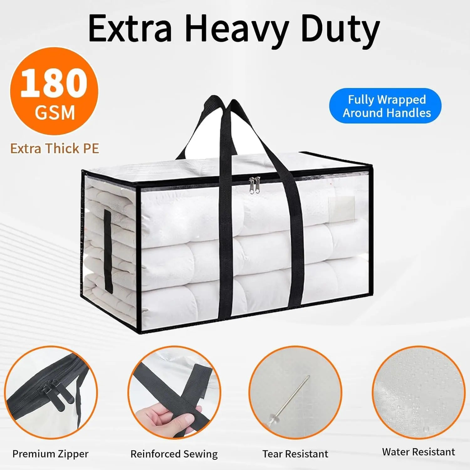 Clear Extra Large Moving Bags,Heavy-Duty Waterproof Storage Tote Bag with Reinforced Handles & Zippers,Transparent Organizer for Clothes,Bedding,Dorm,Moving (Clear- 88L)
