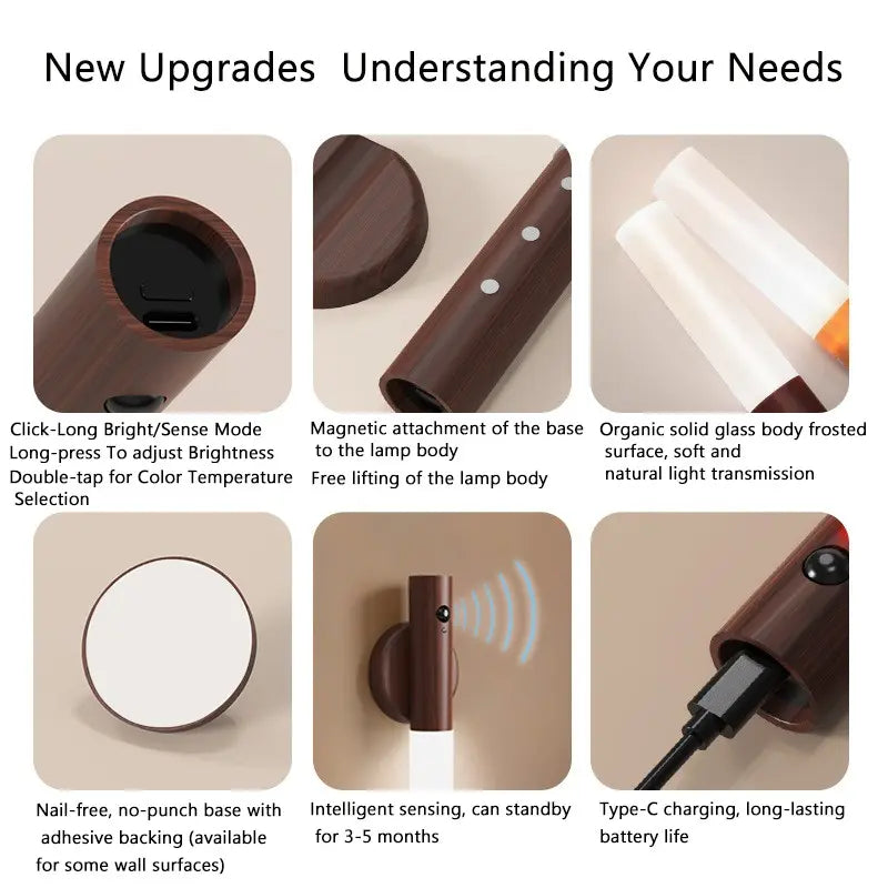 USB Rechargeable LED Night Light, Magnetic Wall Light, Motion-Sensor Night Light, Wireless Stair Light, Indoor Wooden Wall Light, Decorative Night Light, Dimmable Night Light, Ambient Lighting, Home Night Lamp, Motion Activated for Hallway Stairs