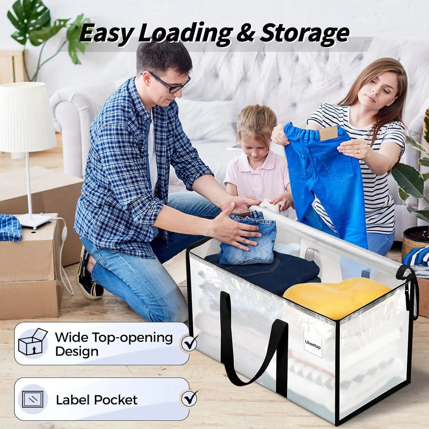 Clear Extra Large Moving Bags,Heavy-Duty Waterproof Storage Tote Bag with Reinforced Handles & Zippers,Transparent Organizer for Clothes,Bedding,Dorm,Moving (Clear- 88L)