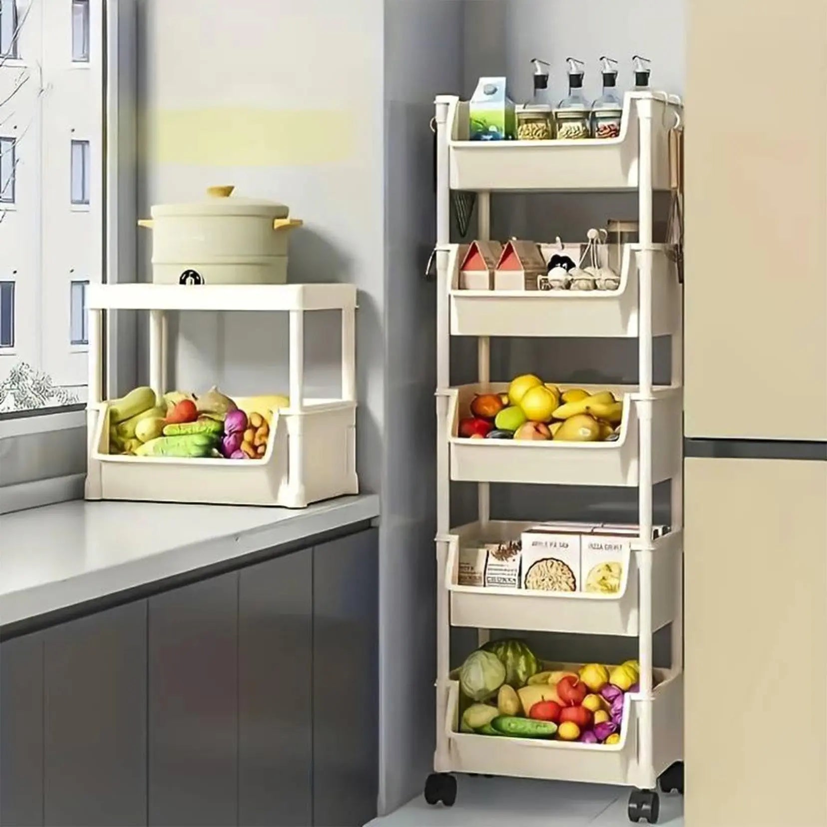 Multifunctional Multi-Layer Plastic Storage Cartwith Wheels, Layered Shelf Organizer for Bedroomkitchen Bathroom Living Room Memorial Day Deals
