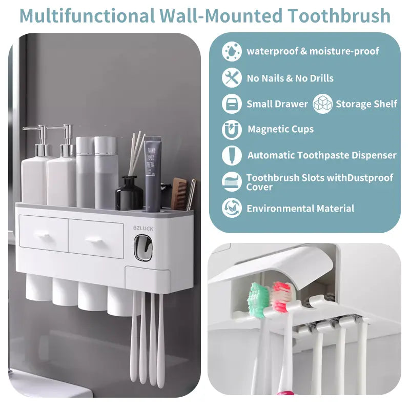 2-4 Cup Toothbrush Holders for Bathrooms - Wall Mounted with Toothpaste Dispenser - Cosmeticdrawe, Large Capacity Tray & Bathroom Accessories Bottles Home Goods Organizer Organizing Tiktokshopspringglowup Summervibes