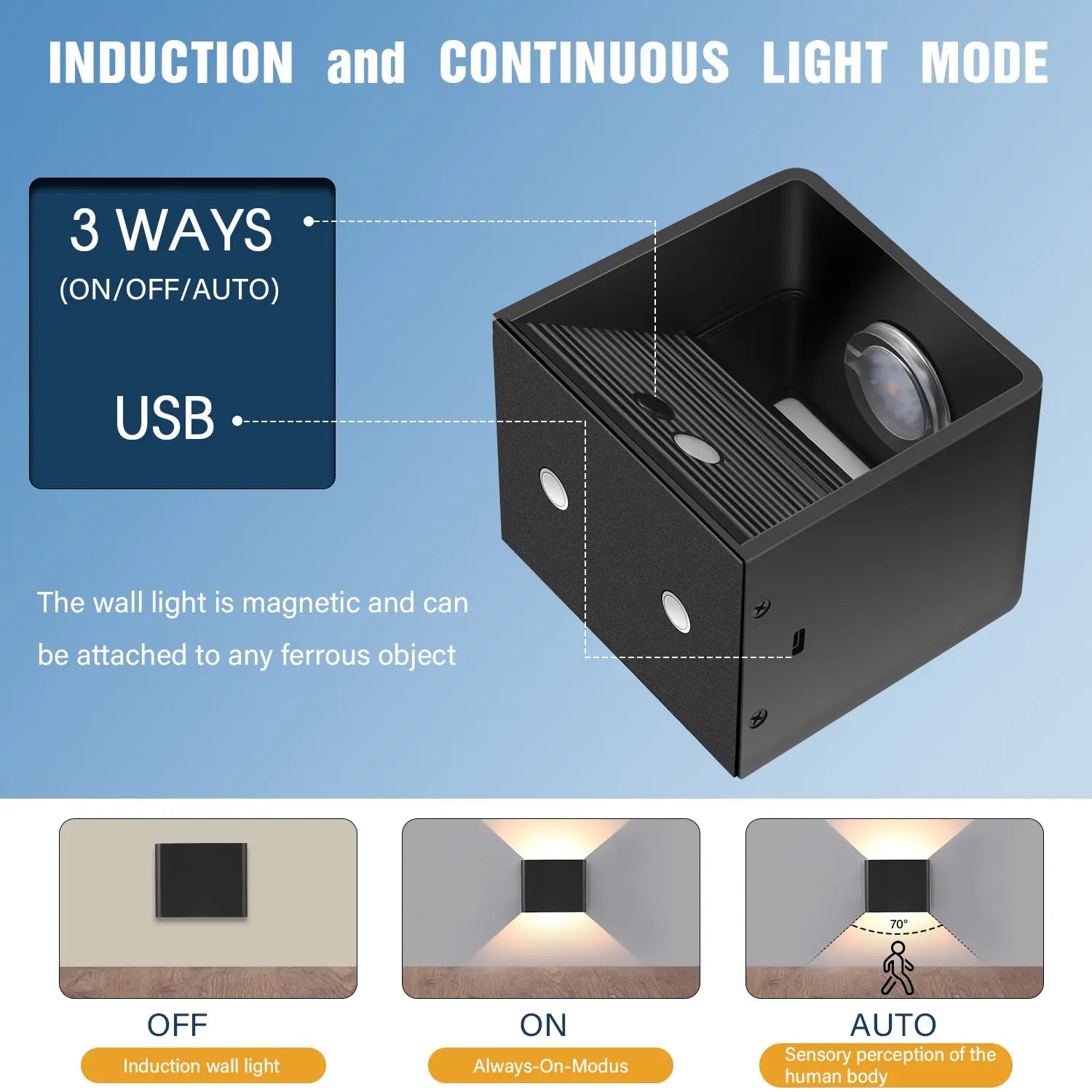 Rechargeable Wall Light with Motion Sensor Indoor LED Wireless Wall Lamp with Switch, 5W Wireless Wall Light USB Rechargeable Stair Light Battery, for Bedroom Living Room Hallway